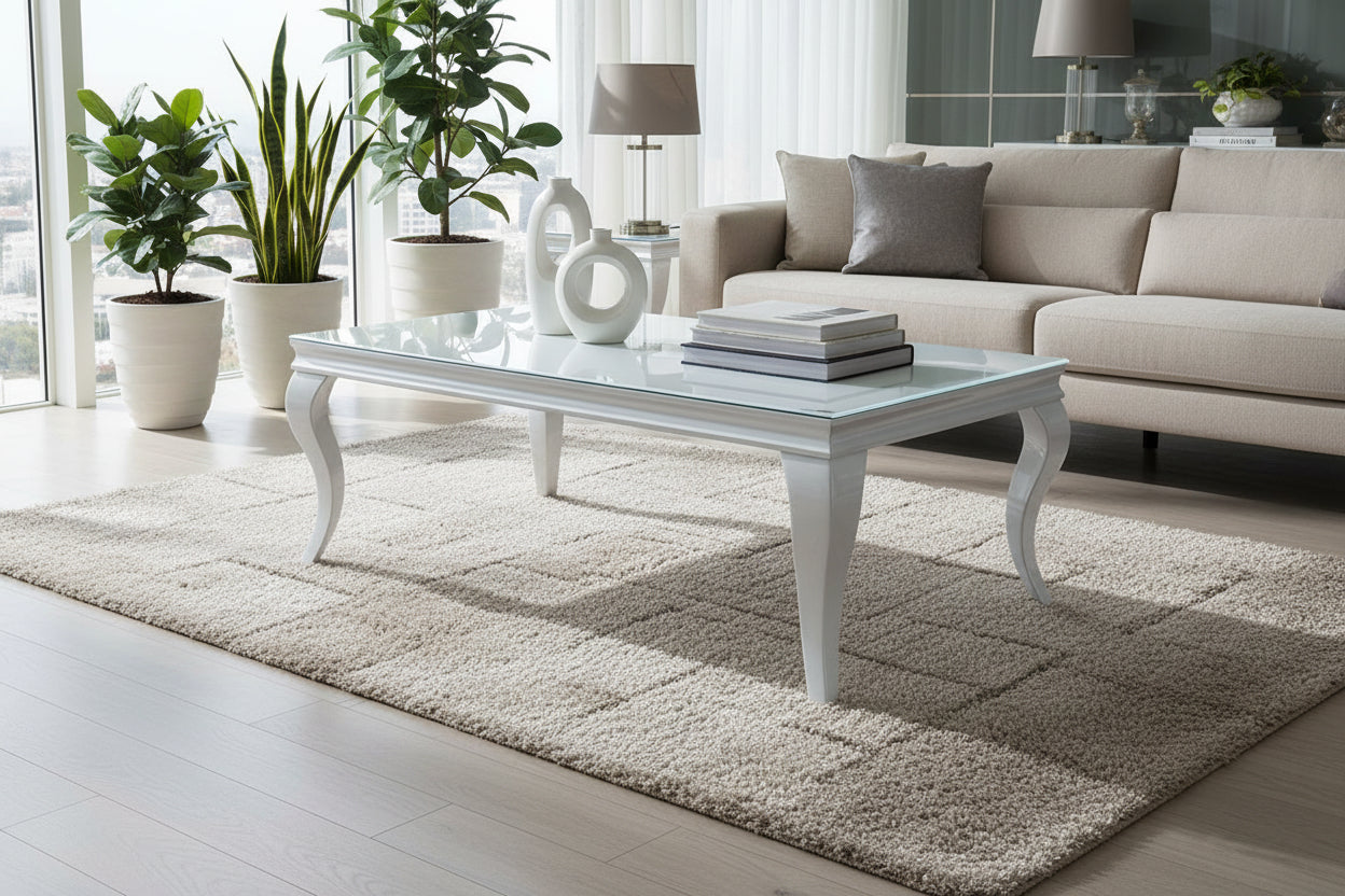 Table Basse BAROQUE Rectangle Plateau Verre Trempé Blanc Pieds Chrome 120x60x45cm
