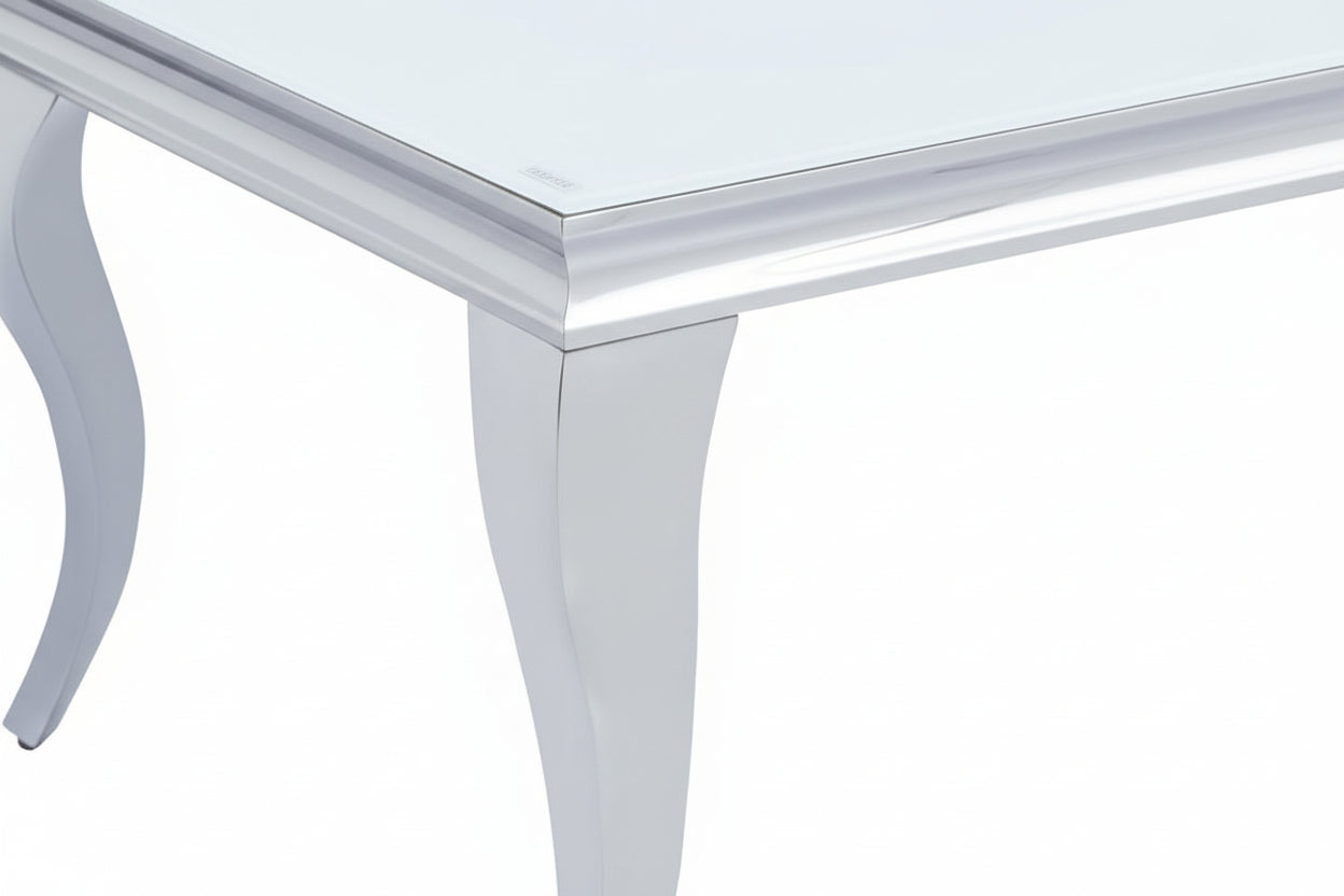 Table Basse BAROQUE Rectangle Plateau Verre Trempé Blanc Pieds Chrome 120x60x45cm