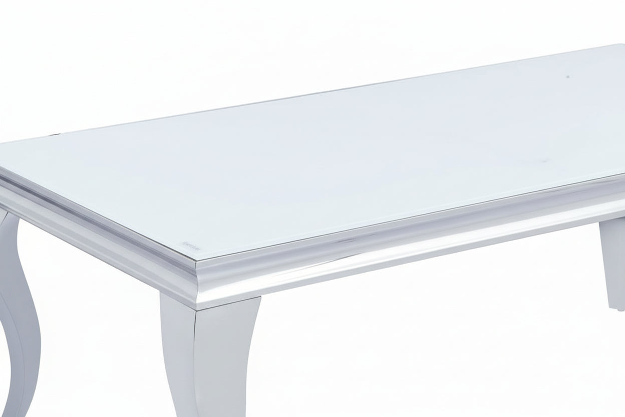 Table Basse BAROQUE Rectangle Plateau Verre Trempé Blanc Pieds Chrome 120x60x45cm