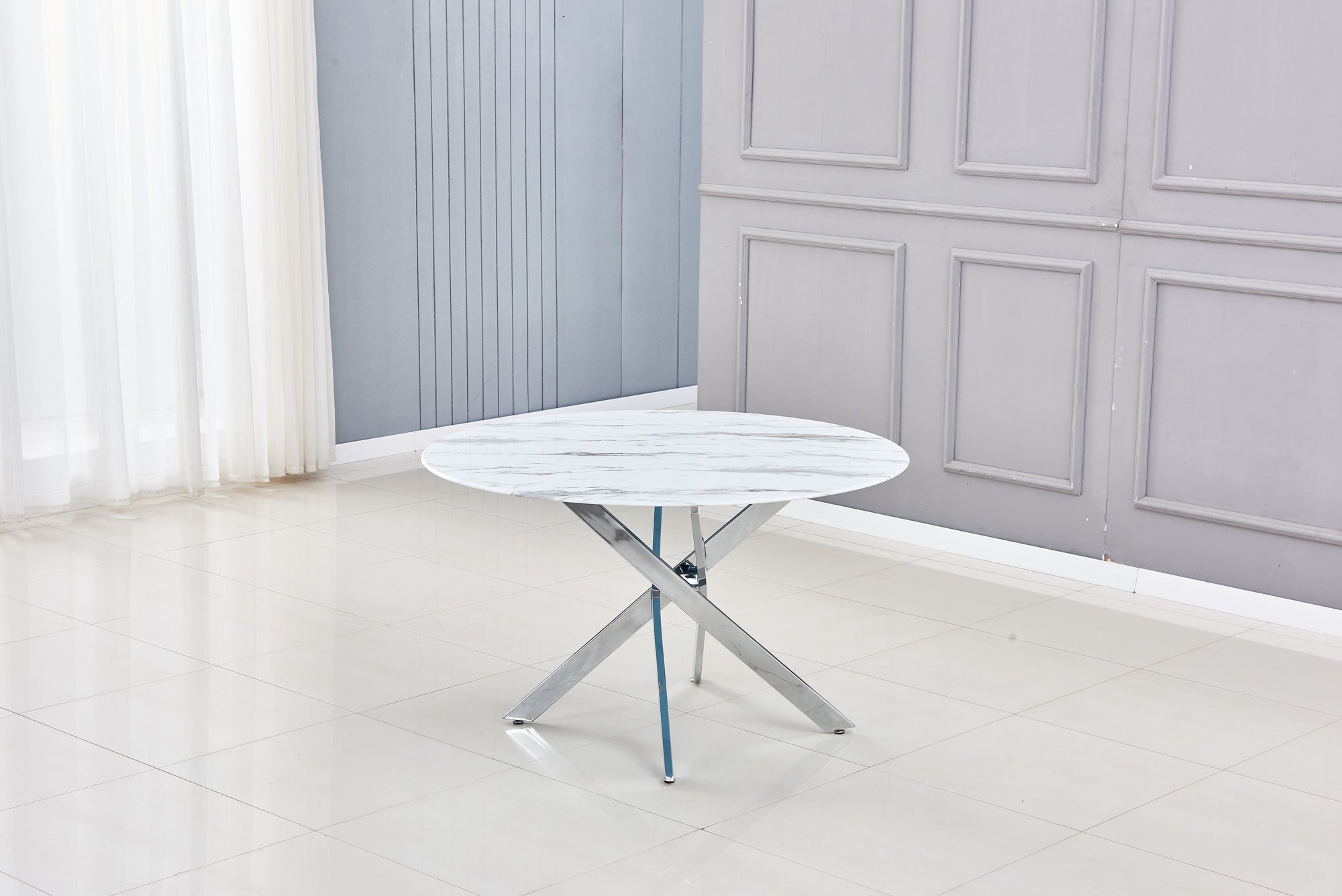 Table à manger ronde JESSICA MARBRE BLANC pieds chrome XXL 120 cm 4 couverts