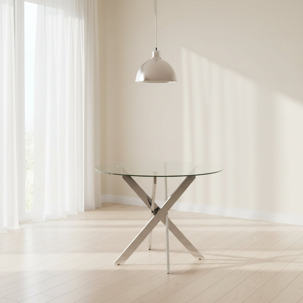 Table à manger ronde JESSICA TRANSPARENT chrome 100 cm 4 couverts