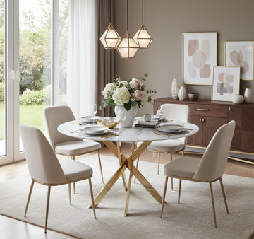 Table à manger ronde JESSICA MARBRE BLANC  pieds Gold 100 cm 4 couverts