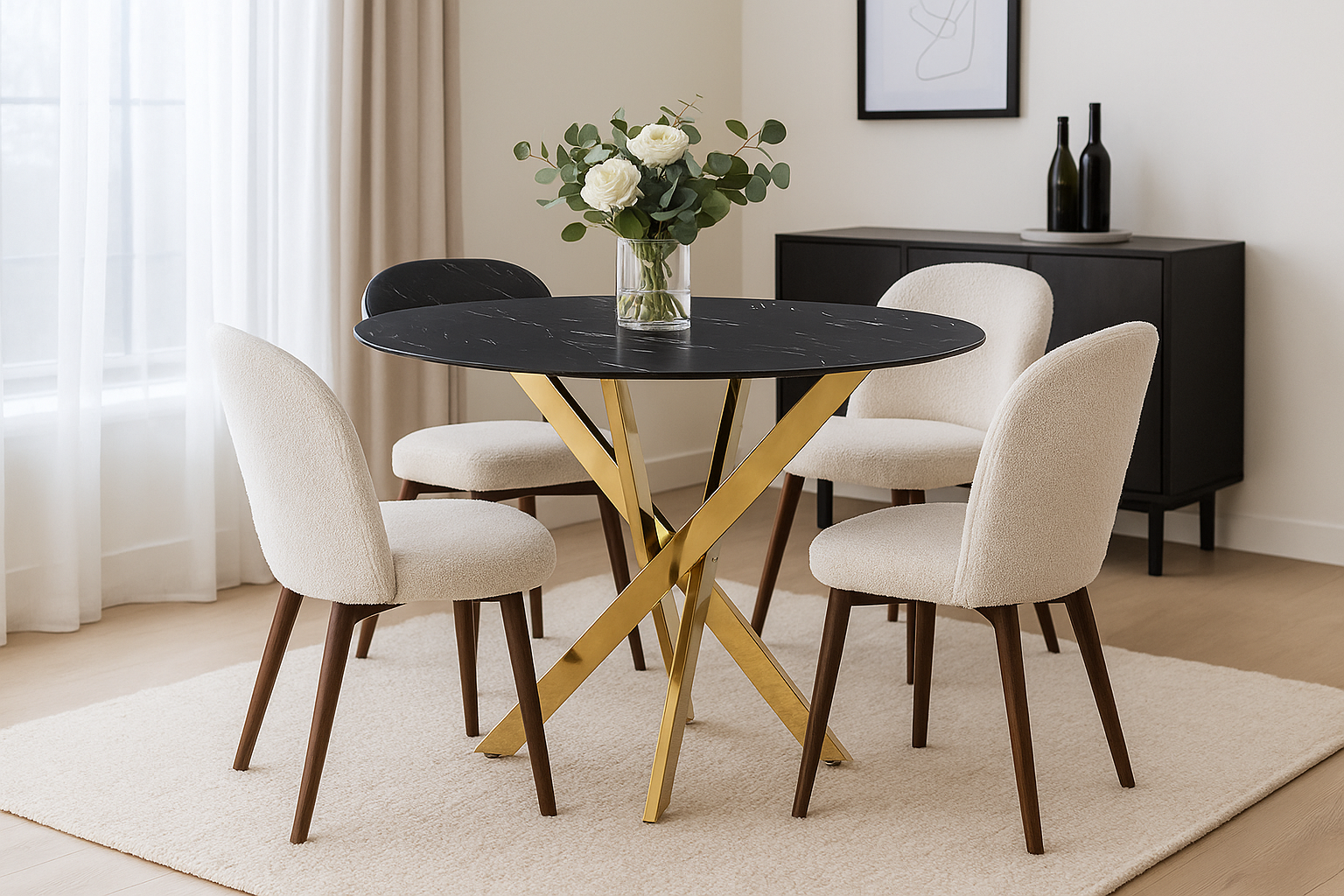 Table à manger ronde  JESSICA MARBRE NOIR pieds Gold 100 cm 4 couverts