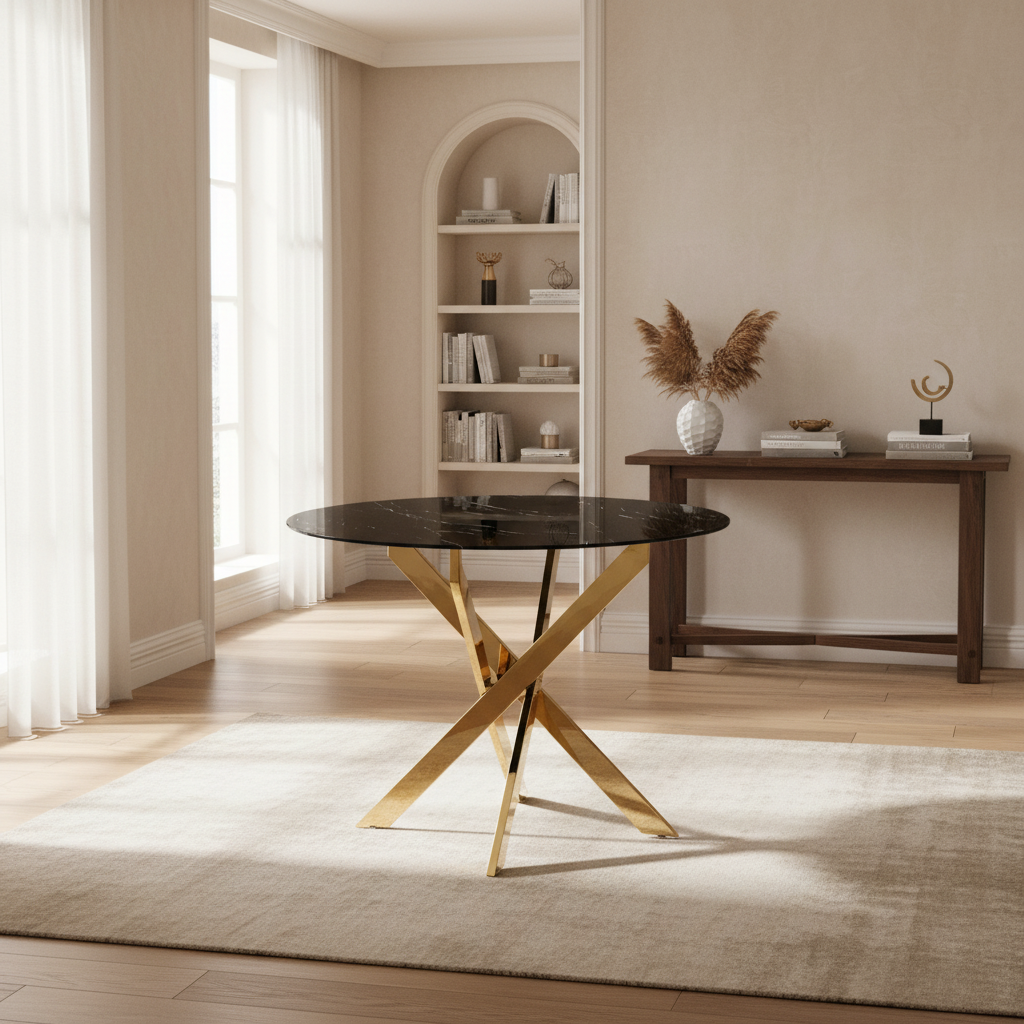 Table à manger ronde  JESSICA MARBRE NOIR pieds Gold 100 cm 4 couverts