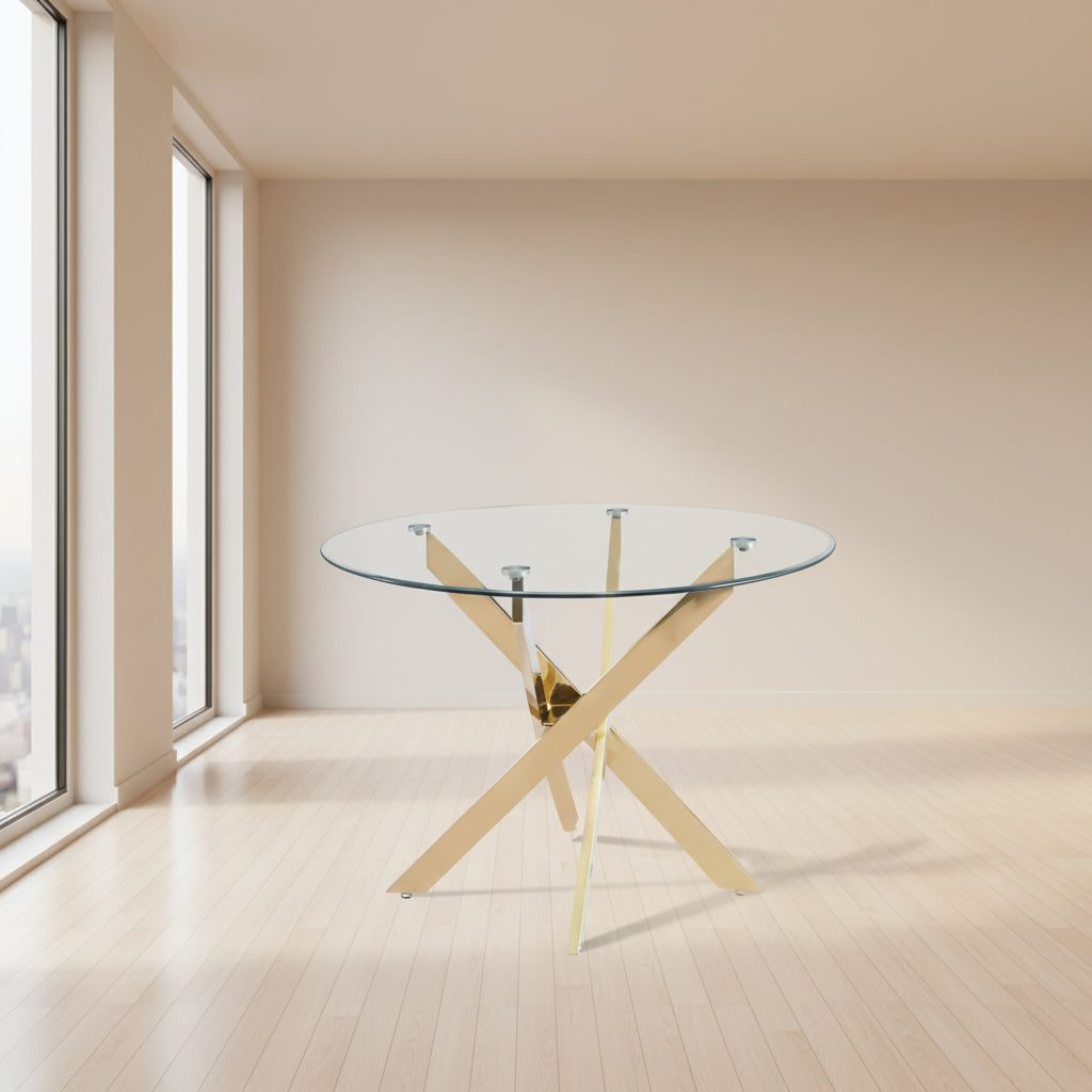 Table à manger ronde JESSICA TRANSPARENT pieds Gold 100 cm 4 couverts