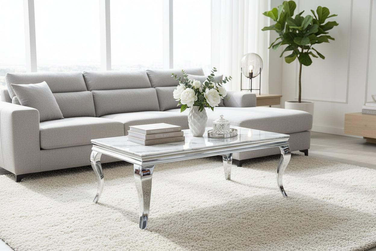 Table Basse BAROQUE Rectangle Plateau Verre Trempé Marbré Blanc Pieds Chrome 120x60x45cm