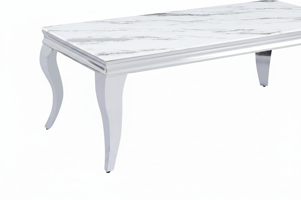 Table Basse BAROQUE Rectangle Plateau Verre Trempé Marbré Blanc Pieds Chrome 120x60x45cm