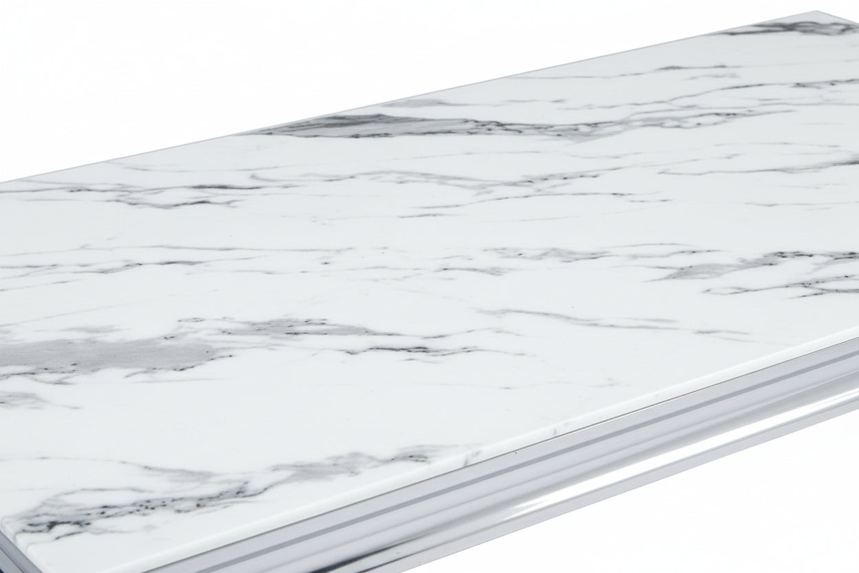 Table Basse BAROQUE Rectangle Plateau Verre Trempé Marbré Blanc Pieds Chrome 120x60x45cm