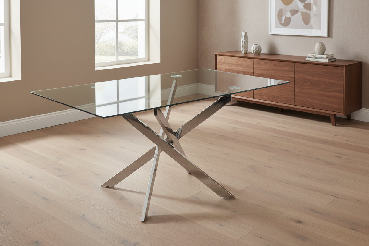 Table Repas JESSICA Chrome et plateau en verre 150 cm 4 à 6 couverts transparent