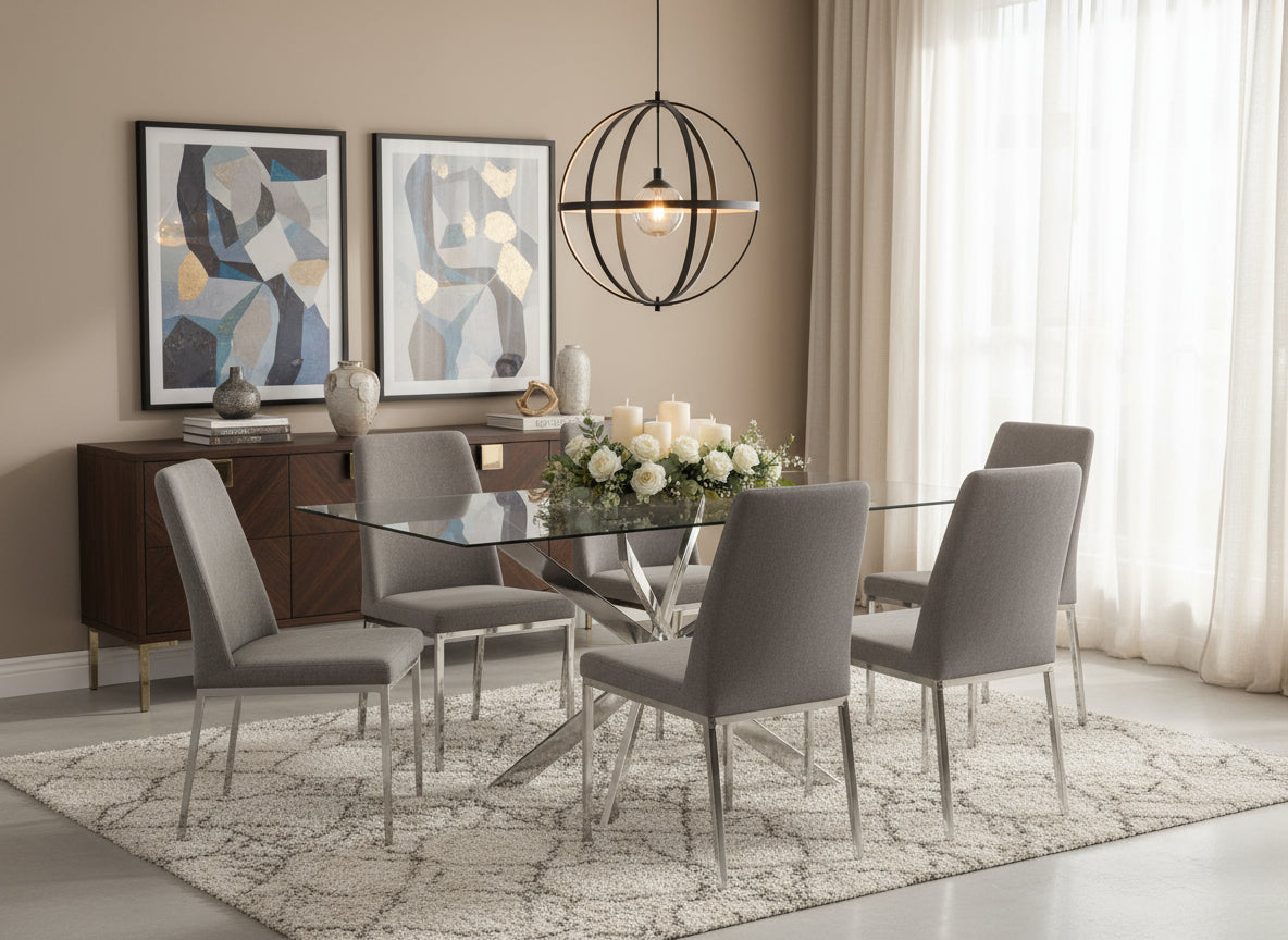 Table Repas JESSICA Chrome et plateau en verre 150 cm 4 à 6 couverts transparent
