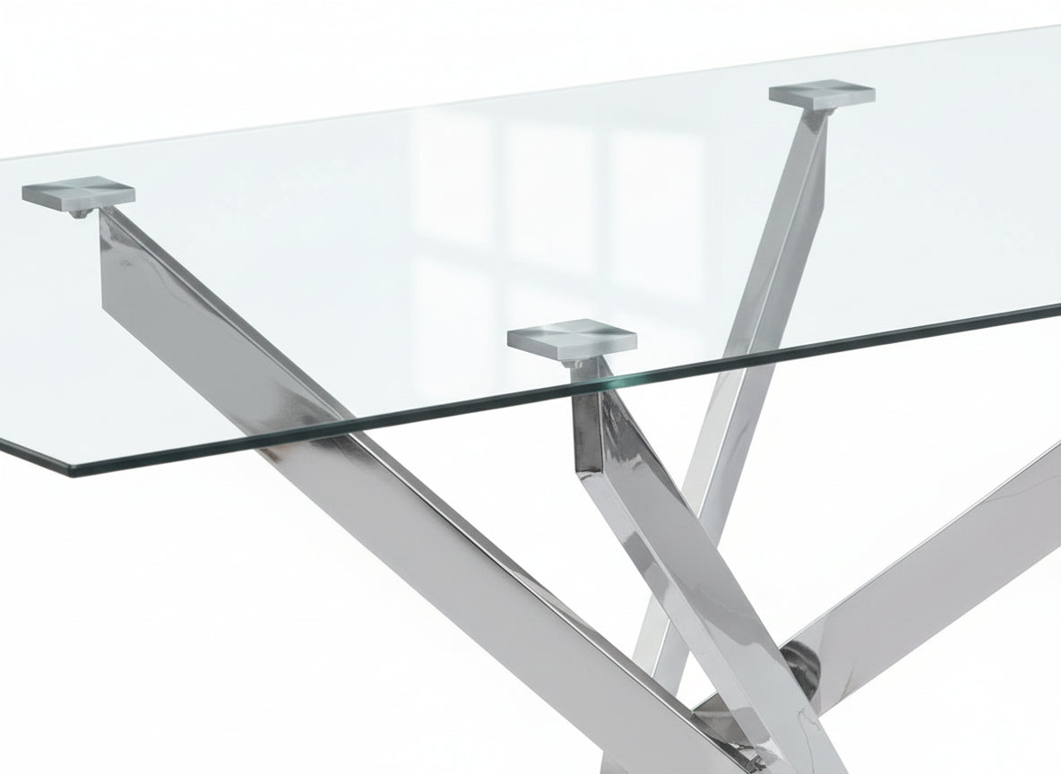 Table Repas JESSICA Chrome et plateau en verre 150 cm 4 à 6 couverts transparent