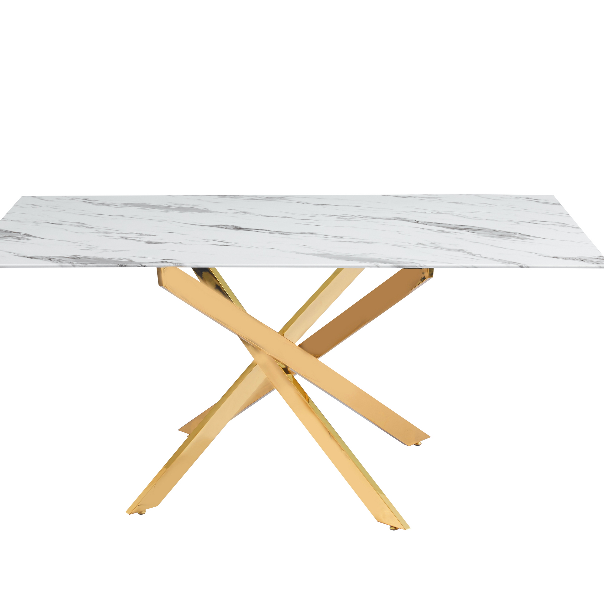 Table Repas JESSICA Gold et plateau en verre 150 cm 4 à 6 couverts - Effet marbré blanc