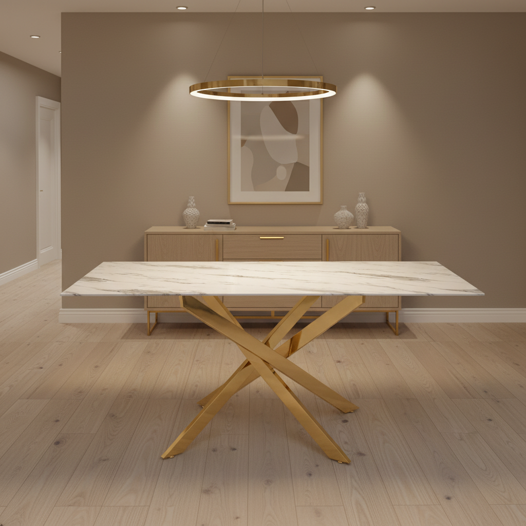 Table Repas JESSICA Gold et plateau en verre 150 cm 4 à 6 couverts - Effet marbré blanc