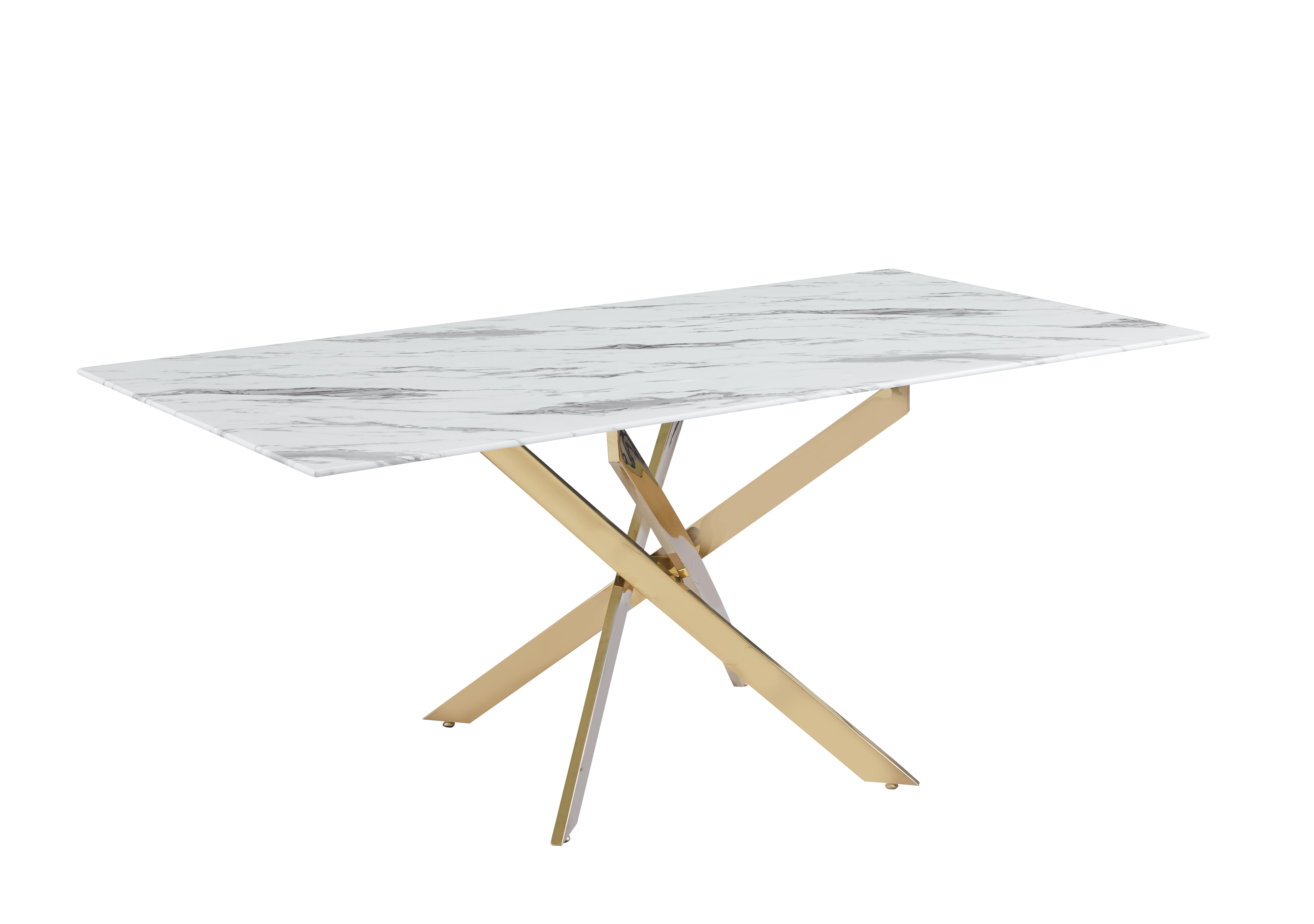 Table Repas JESSICA XXL Gold et plateau en verre MARBRE BLANC 180 cm 6 à 8 couverts