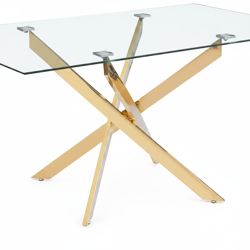 Table Repas JESSICA Gold et plateau en verre 150 cm 4 à 6 couverts transparent