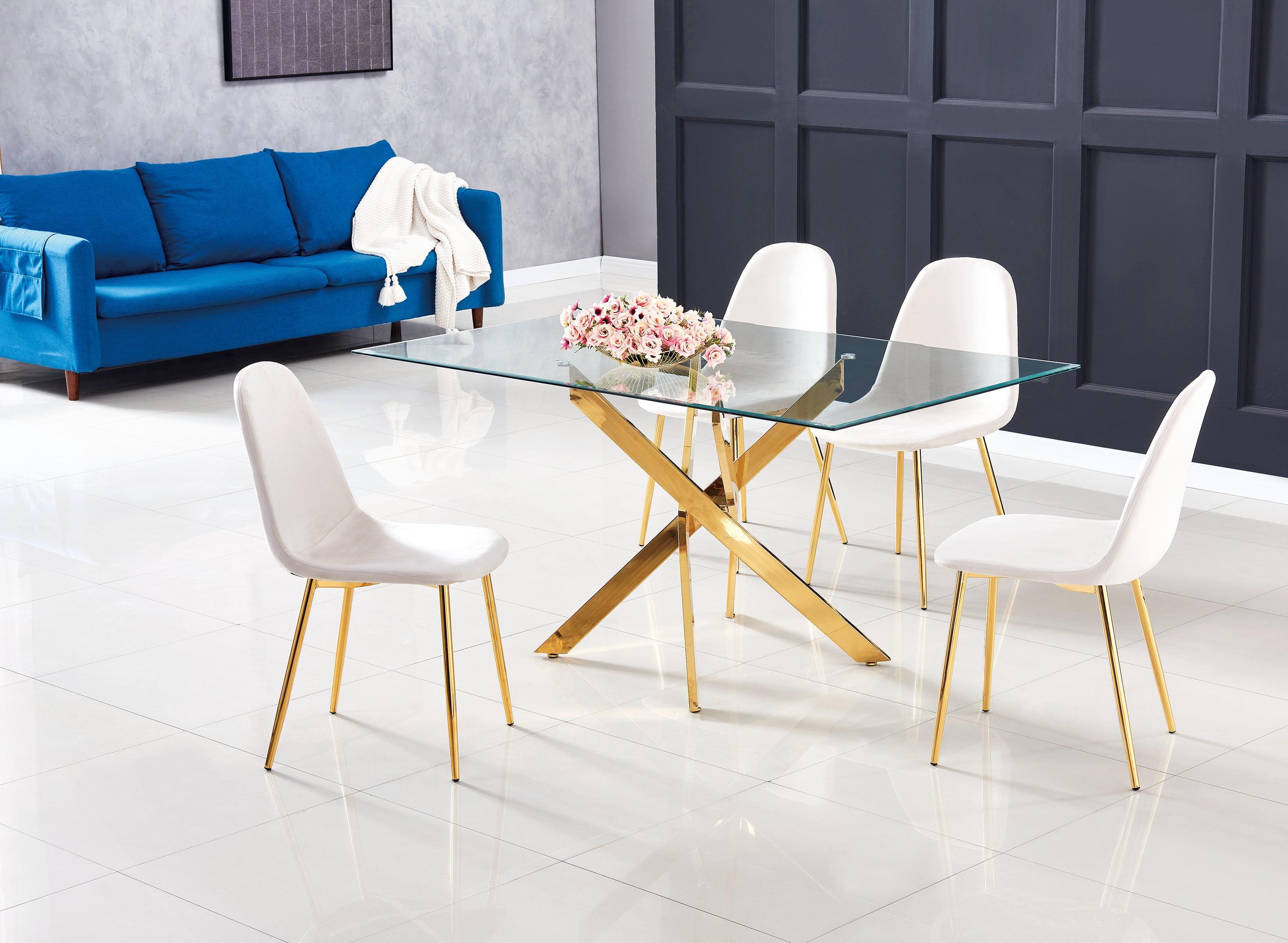 Lot de 4 chaises SCANDINAVE en velours beige pieds Gold