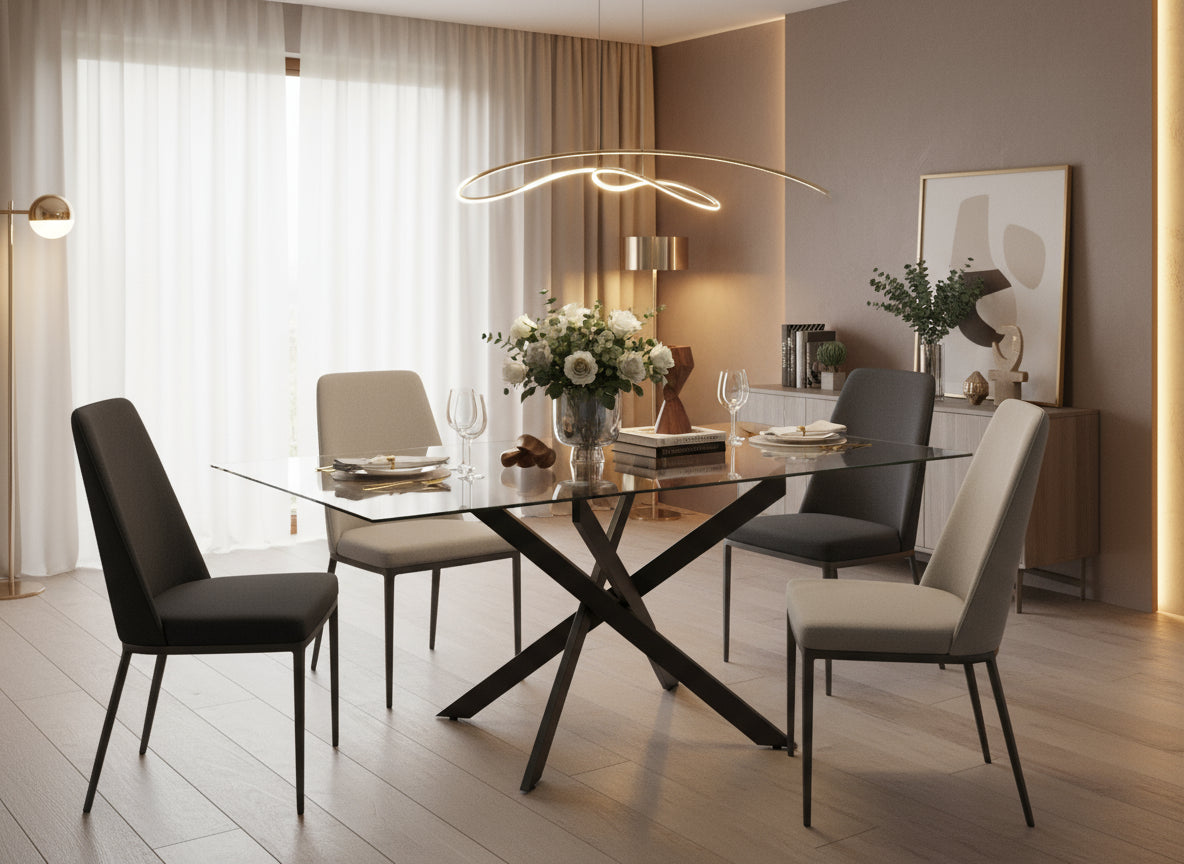 Table Repas JESSICA XXL Métal noir et plateau en verre MARBRE NOIR 180 cm 6 à 8 couverts Transparent