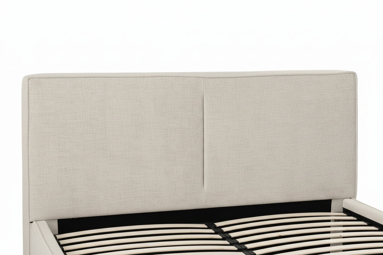 Lit coffre double tissu chenille beige sommier relevable 160x200 cm OLIVIA