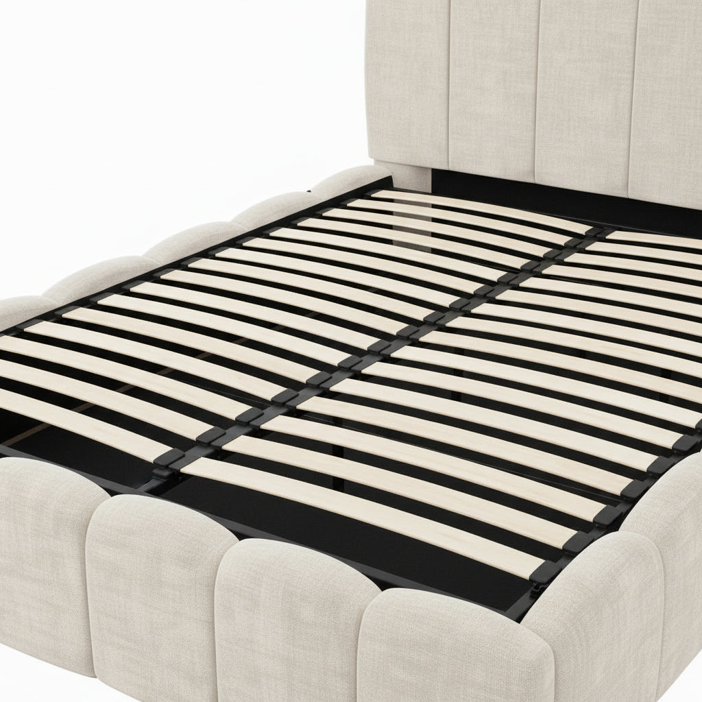 Lit Coffre 180x200 cm – Tissu Chenille Beige, Sommier à Lattes Inclus