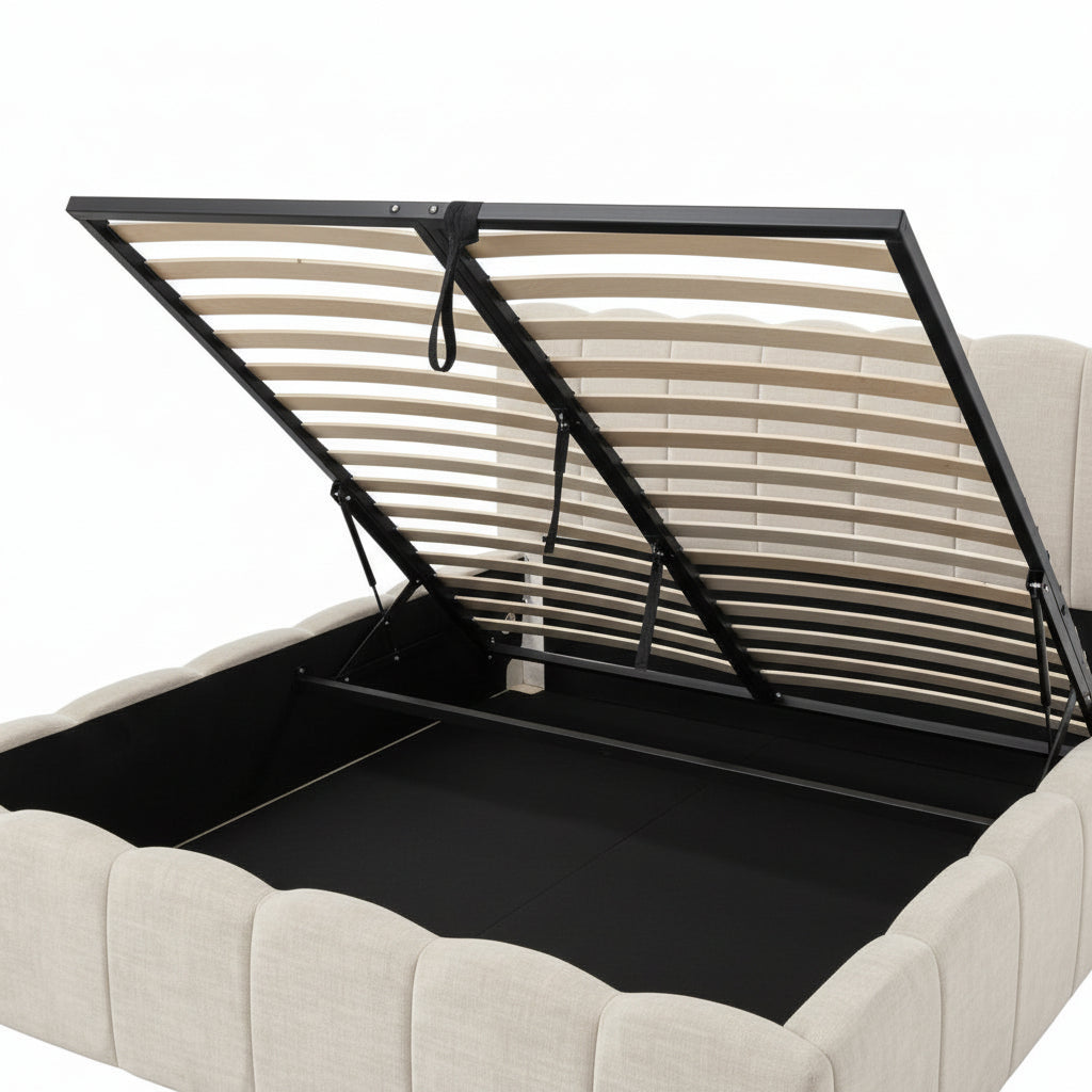 Lit Coffre 180x200 cm – Tissu Chenille Beige, Sommier à Lattes Inclus