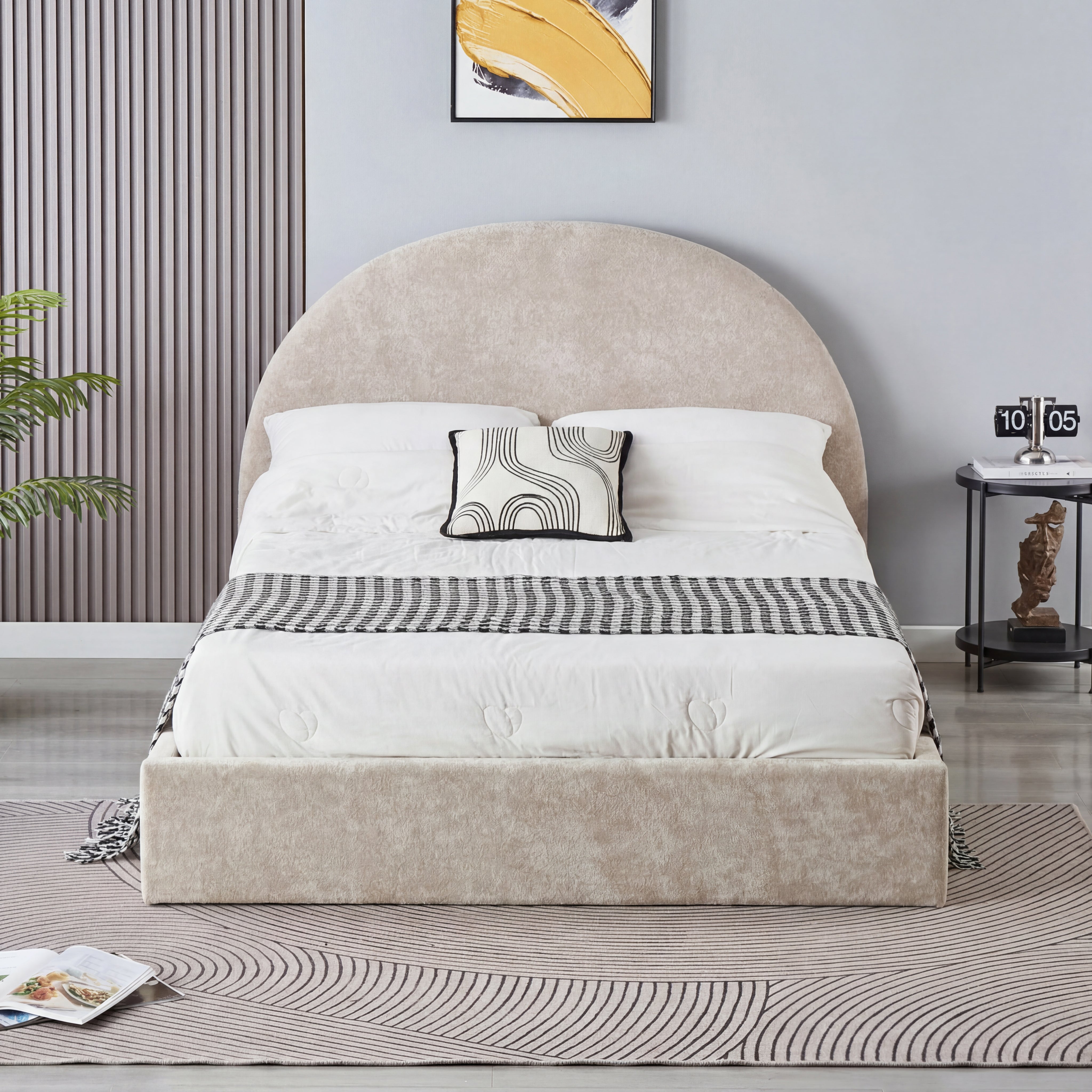 Lit coffre 140x190 beige tête de lit arrondie sommier inclus #couleur_doudou