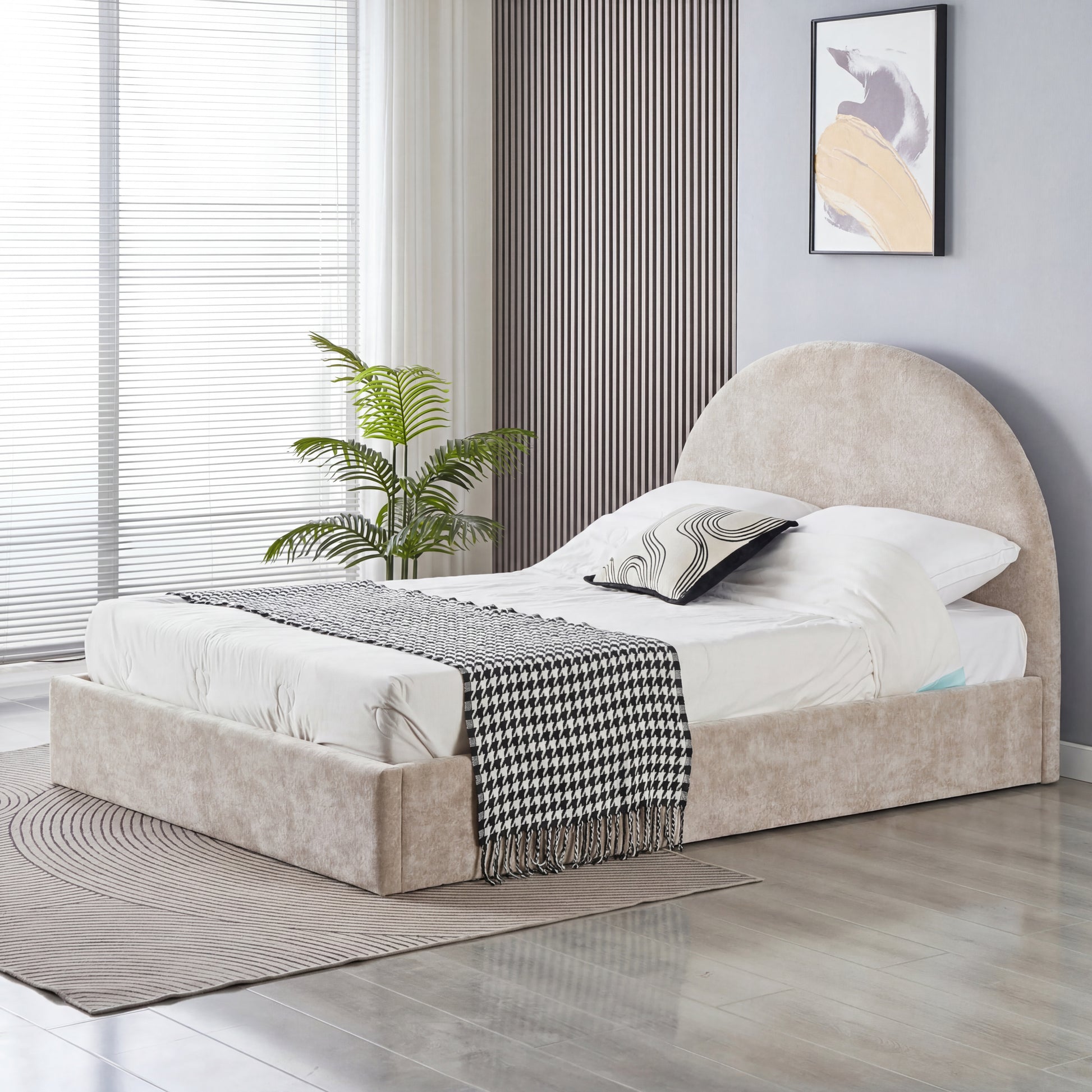 Lit coffre 140x190 beige tête de lit arrondie sommier inclus #couleur_doudou
