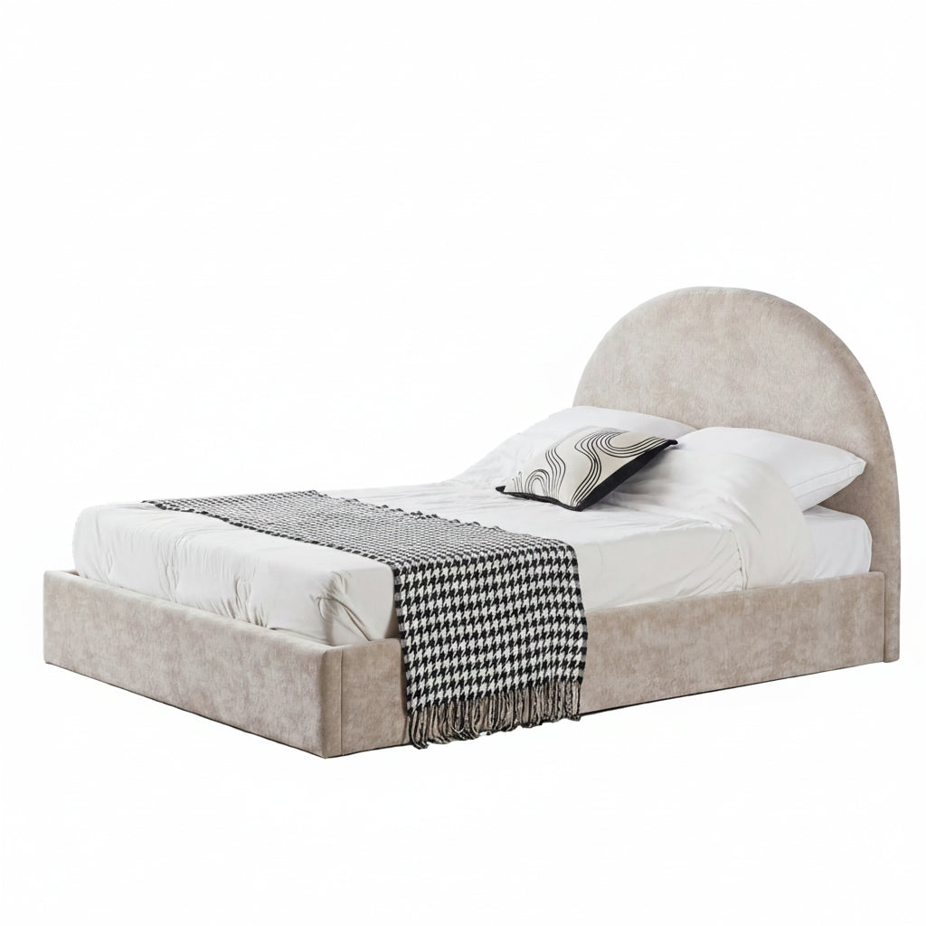 Lit coffre 140x190 beige tête de lit arrondie sommier inclus #couleur_doudou