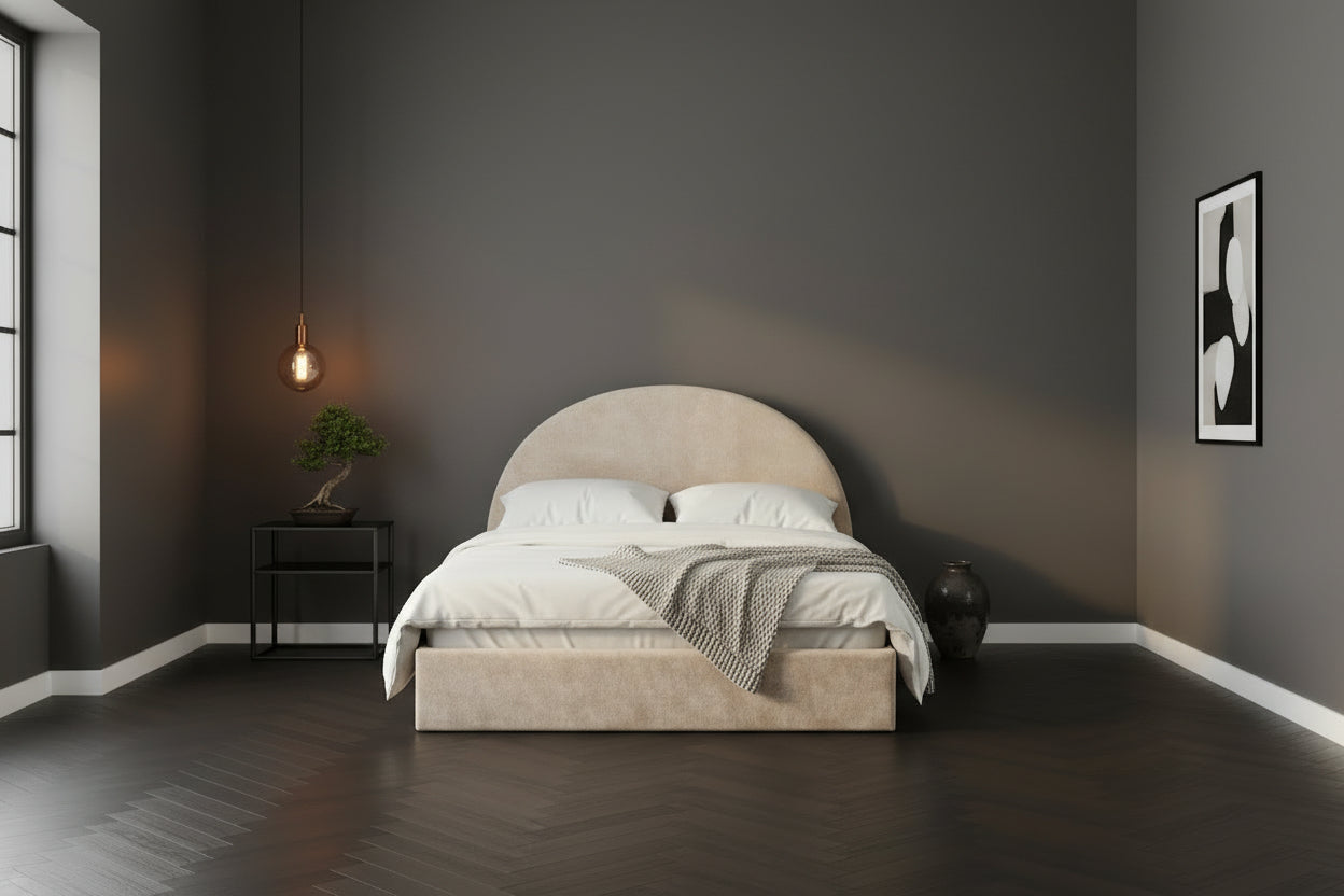 Lit coffre 180x200 beige tête de lit arrondie sommier inclus #couleur_doudou