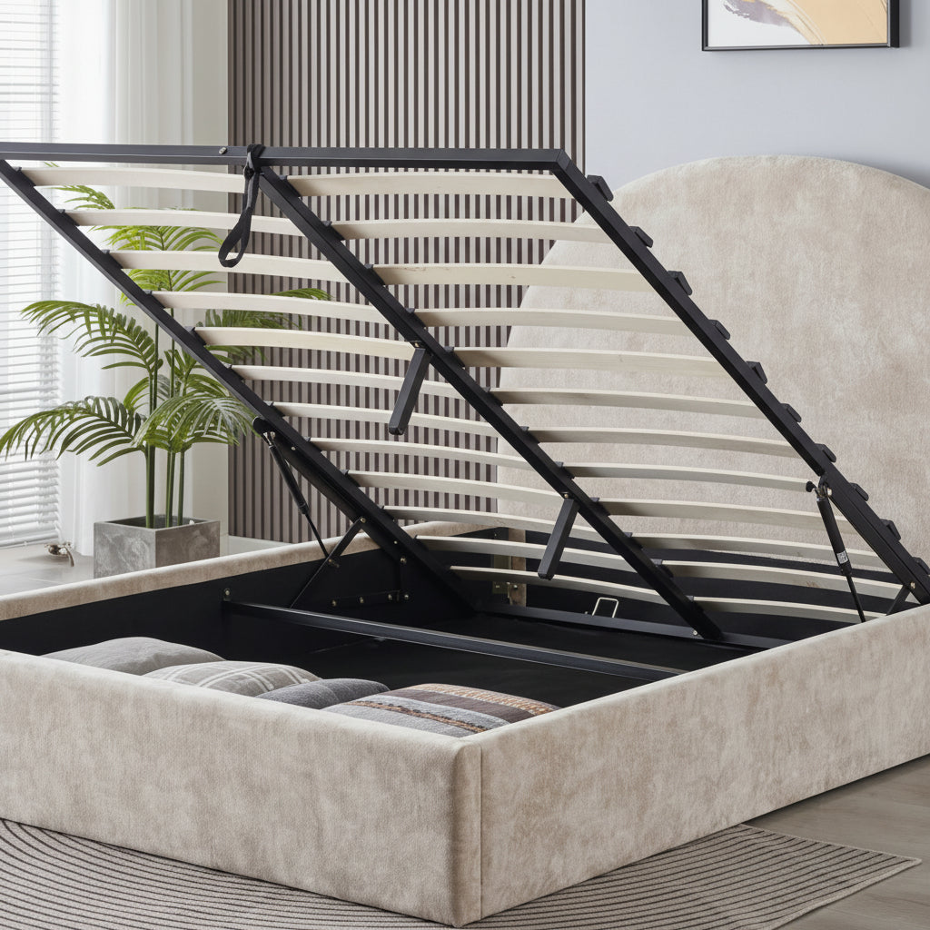 Lit coffre 140x190 beige tête de lit arrondie sommier inclus #couleur_doudou