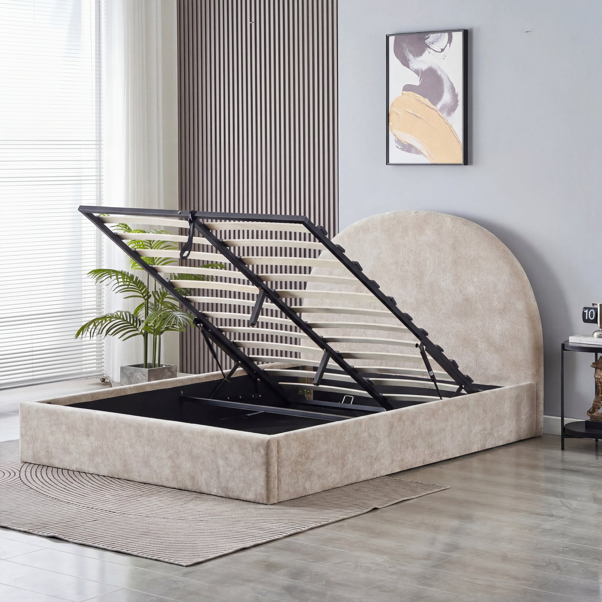 Lit coffre 180x200 beige tête de lit arrondie sommier inclus #couleur_doudou