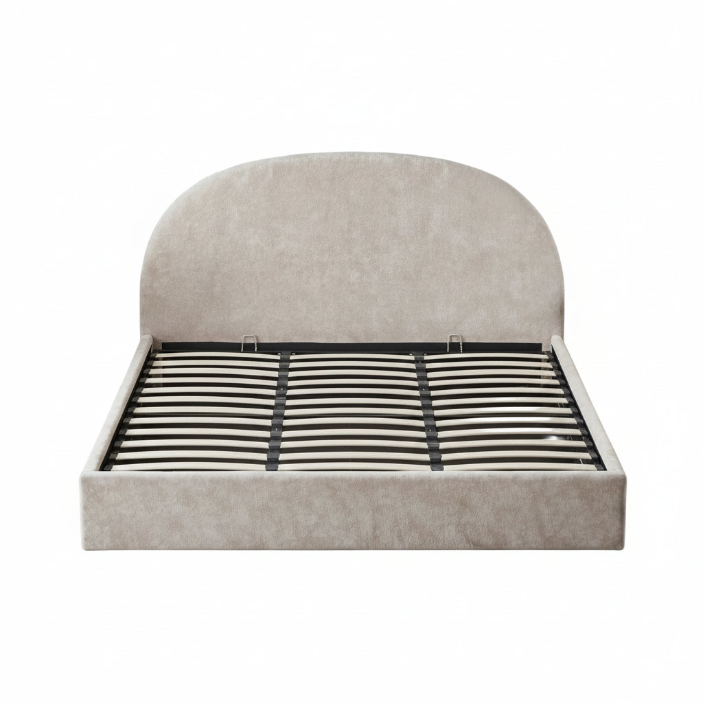 Lit coffre 180x200 beige tête de lit arrondie sommier inclus #couleur_doudou