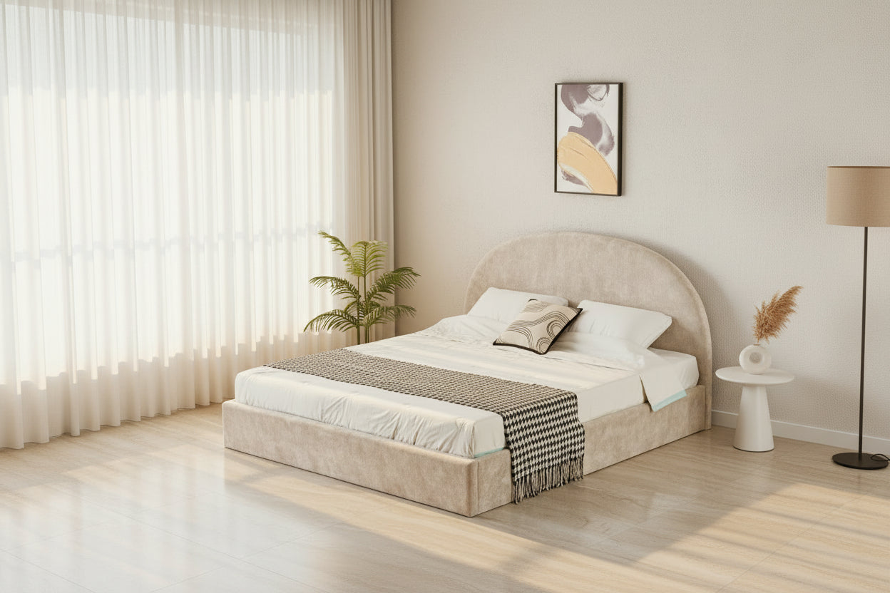 Lit coffre 180x200 beige tête de lit arrondie sommier inclus #couleur_doudou
