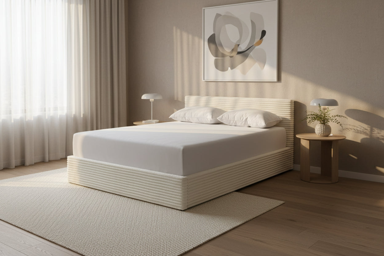 Lit Coffre MAIA 140x190 cm Velours Côtelé Écru avec Sommier