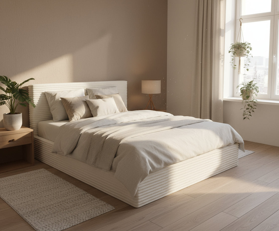 Lit Coffre MAIA 140x190 cm Velours Côtelé Écru avec Sommier