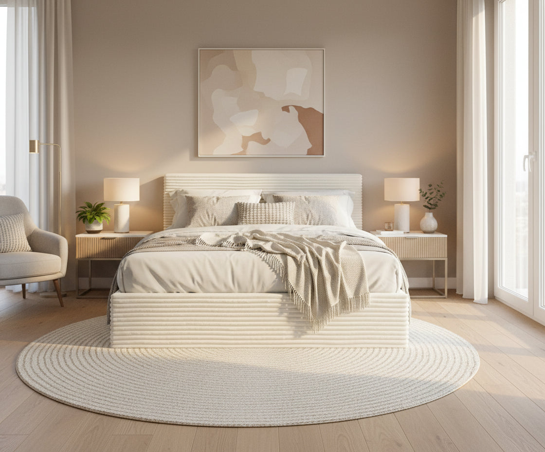 Lit Coffre MAIA  160x200cm Velours Côtelé Écru avec Sommier