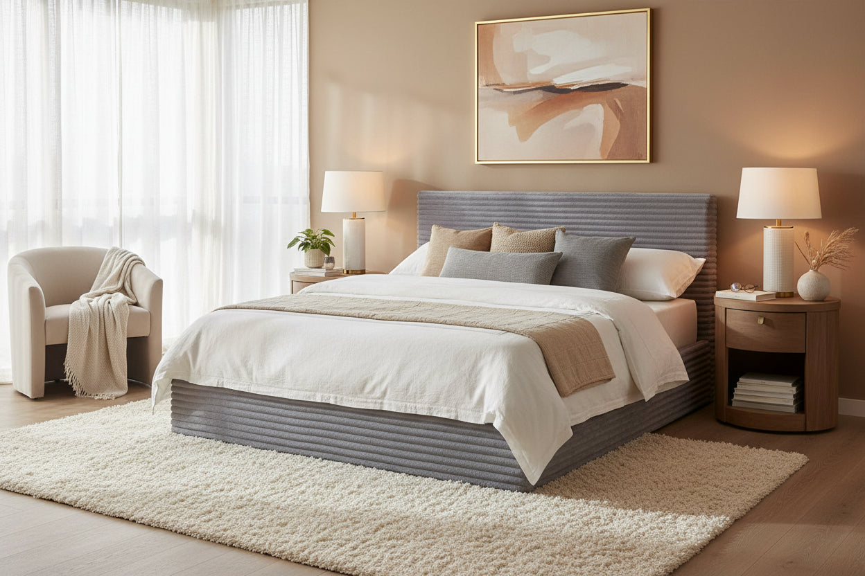 Lit Coffre MAIA 160x200cm Côtelé Gris avec Sommier