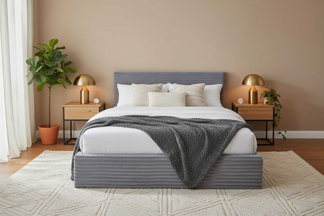 Lit Coffre MAIA 140x190cm Côtelé Gris avec Sommier