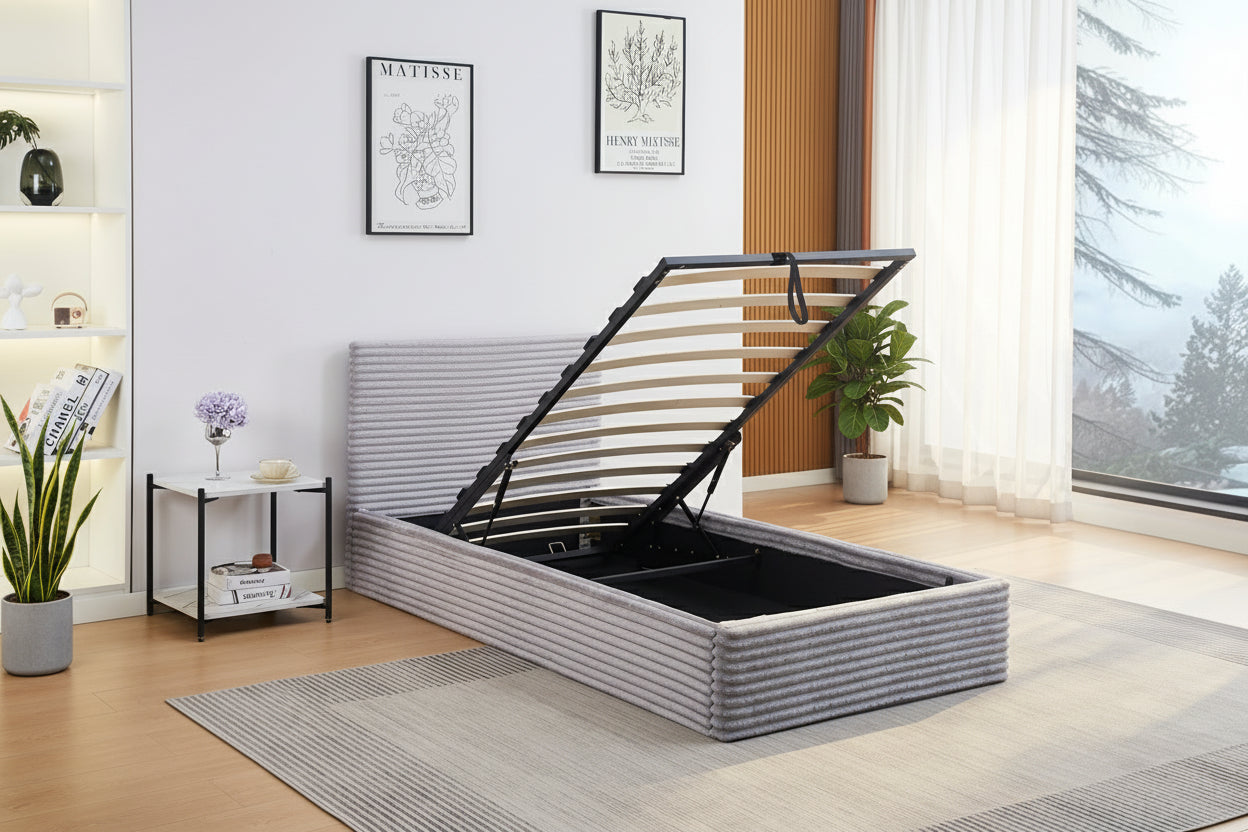 Lit Coffre MAIA 90x190cm Côtelé Gris avec Sommier