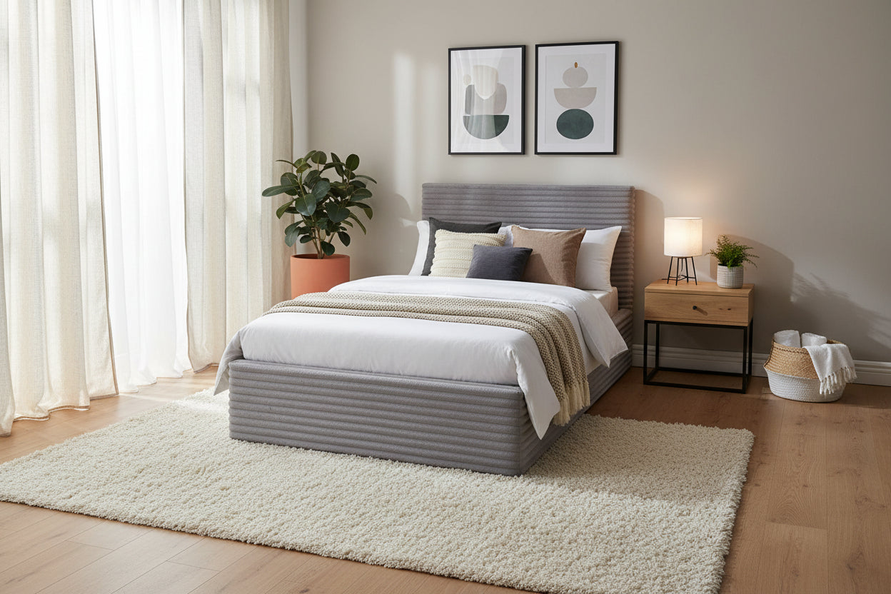 Lit Coffre MAIA 90x190cm Côtelé Gris avec Sommier