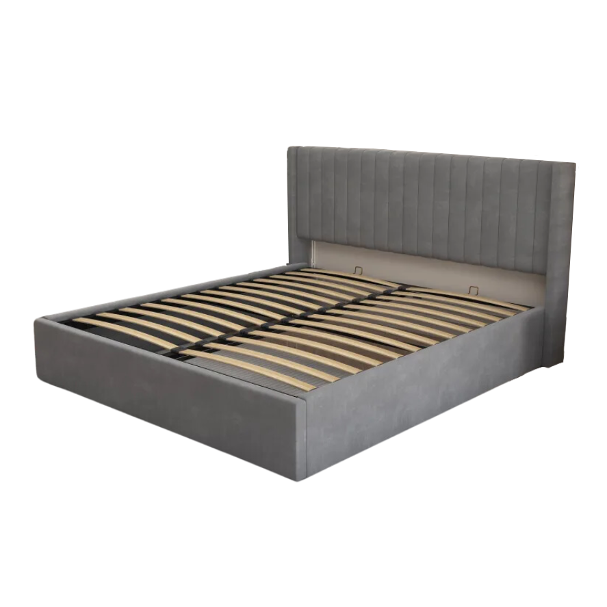 Lit Coffre 160x200 – Velours Gris Sommier Inclus #couleur_gris