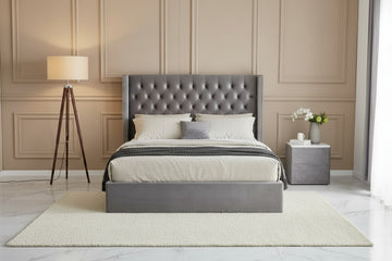 Lit COFFRE 2 places 180X200 cm CLOUTE velours GRIS