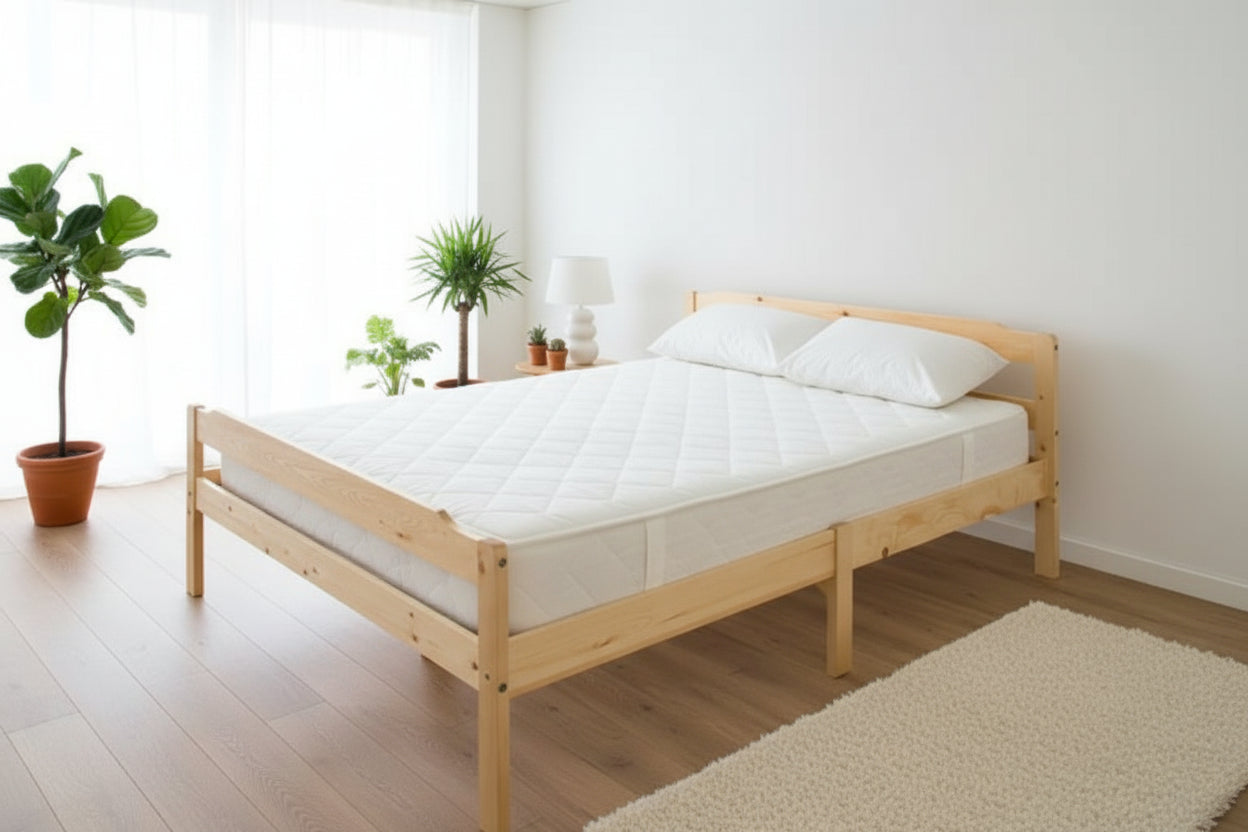 Lit double 140x190 cm pin naturel lattes sommier inclus DAVID