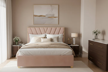Lit Adulte Vera 140x190 cm Velours Beige Sommier Inclus Pieds Acier Gold