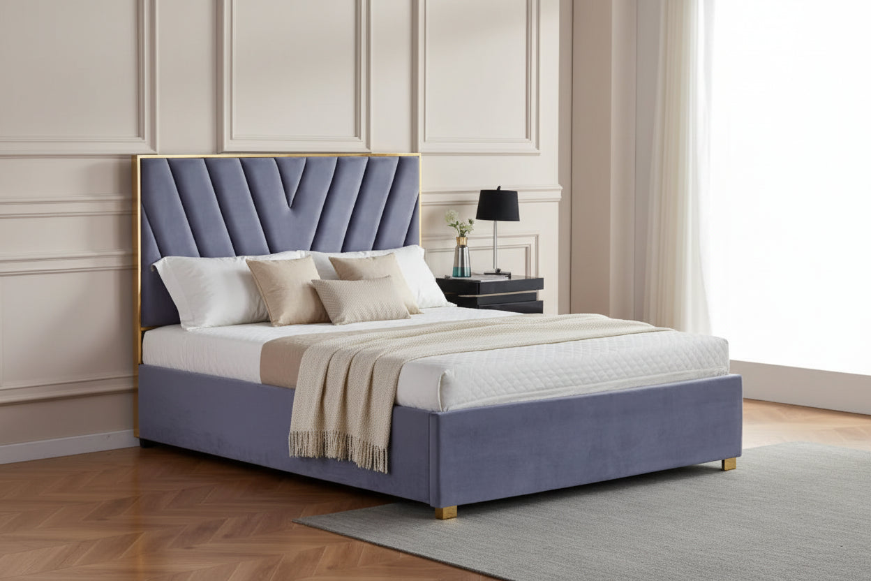 Lit adulte VERA 140x190 cm en velours gris avec sommier intégré