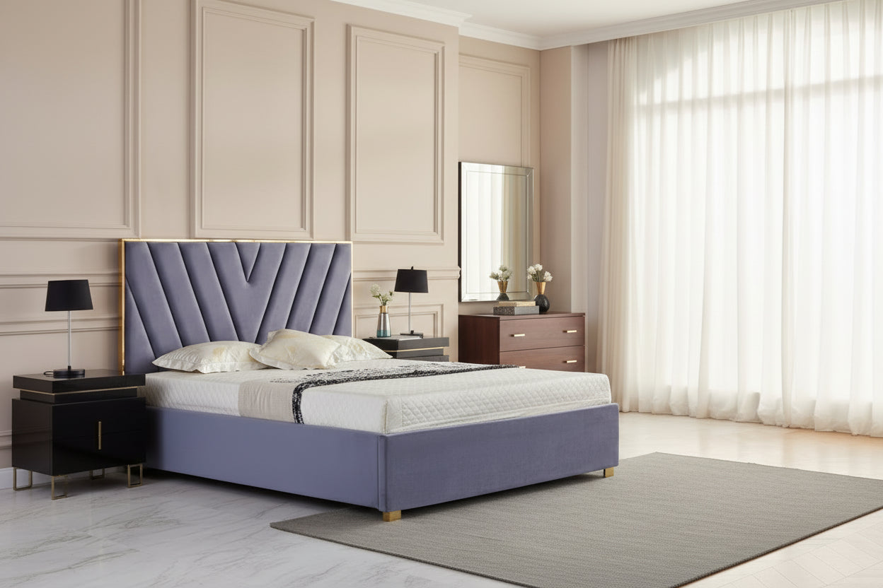 Lit adulte VERA 160x200 cm en velours gris avec sommier intégré
