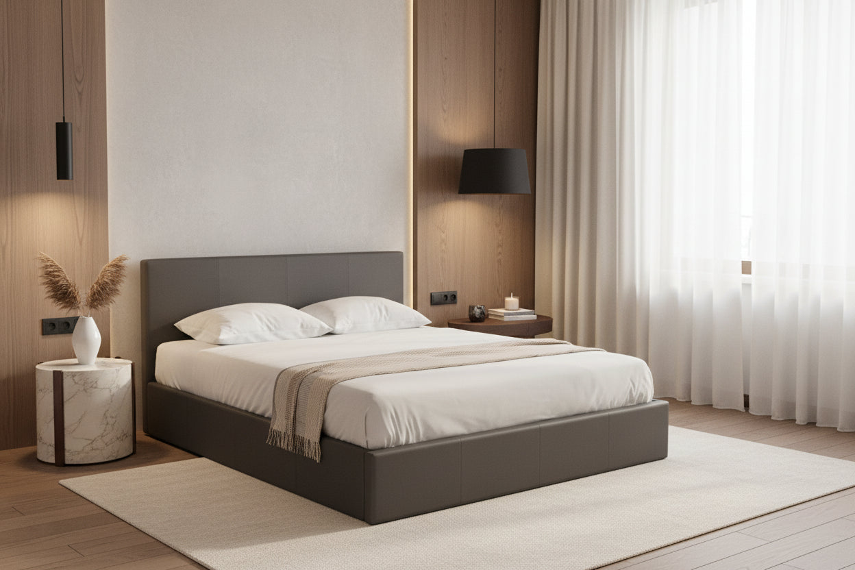 Lit Coffre 2 Places Bastien 140x190 cm Similicuir Gris Sommier Coffre Inclus