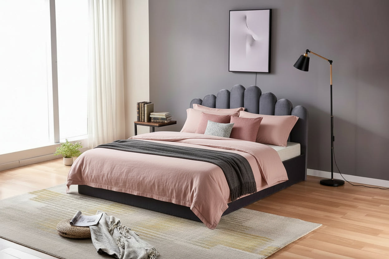 Lit coffre DOHA 2 places 140x190 cm gris sommier et coffre intégré