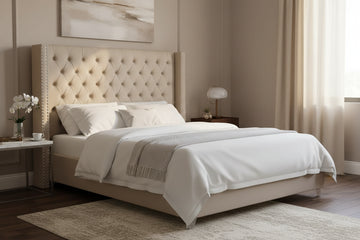 Lit double 180x200 cm velours beige tête capitonnée sommier inclus PRINCESSE