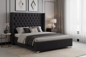 Lit double 180x200 cm velours noir tête capitonnée sommier inclus PRINCESSE