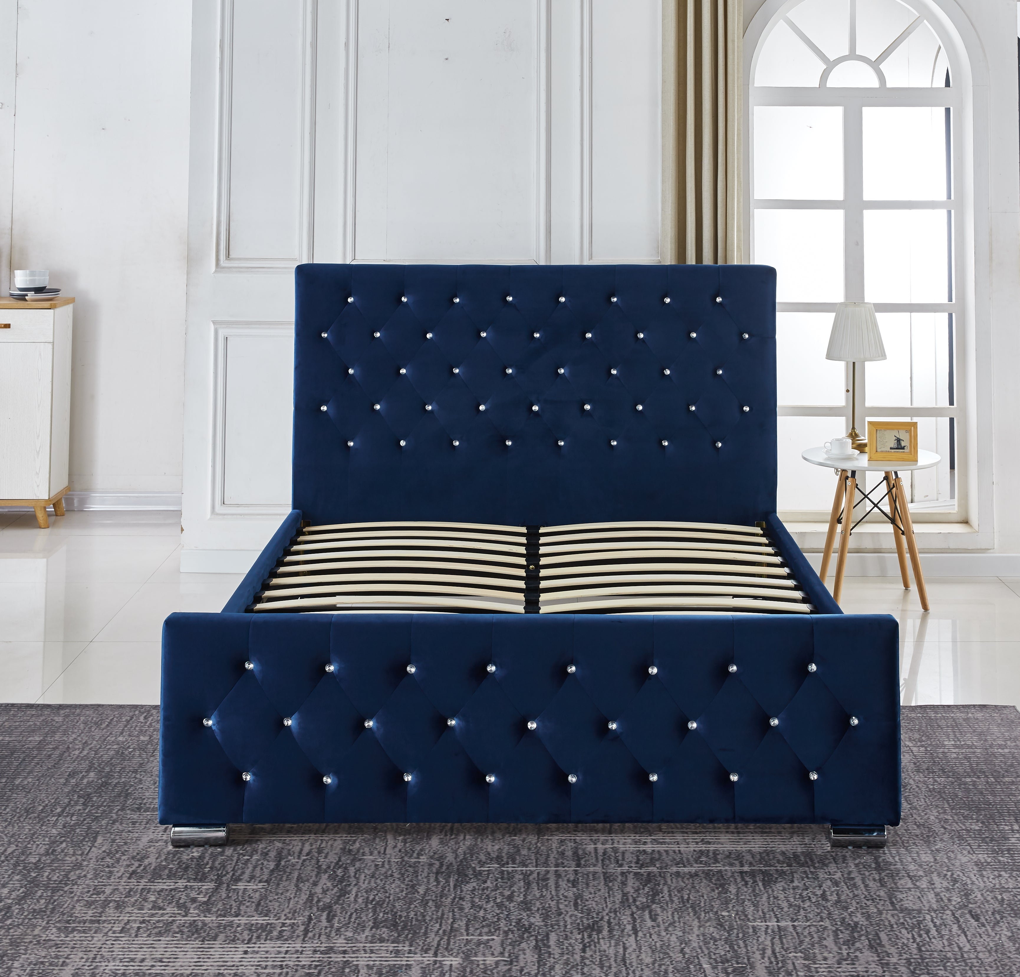 Lit  2 places 140x190 cm velours bleu sommier inclus PRESTIGE